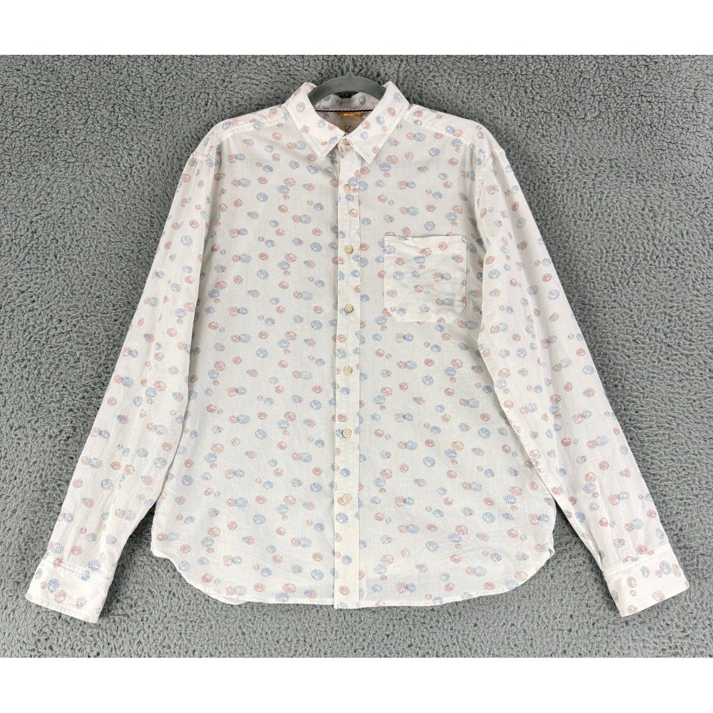 Koto Mens‎ Button Down Shirt Medium White Cotton Linen Red Blue Geometric Print